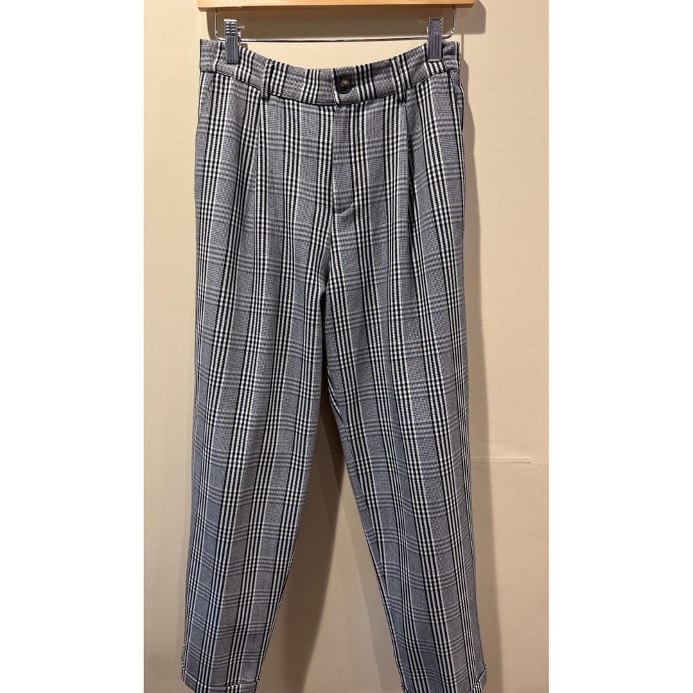 Pull&Bear Women Plaid Pleated Dress Pants Black White Button Closure Size L